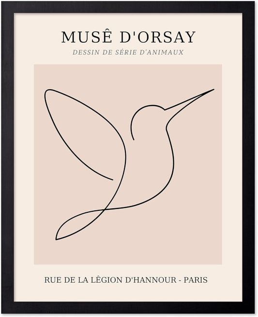 Poster Master Vintage Poster - Retro One Line Hummingbird Drawing Print - Bird Line Art - Minimal Gift for Him, Her, Animal Lover - Abstract Decor for Home, Office, 11x14 Black Framed