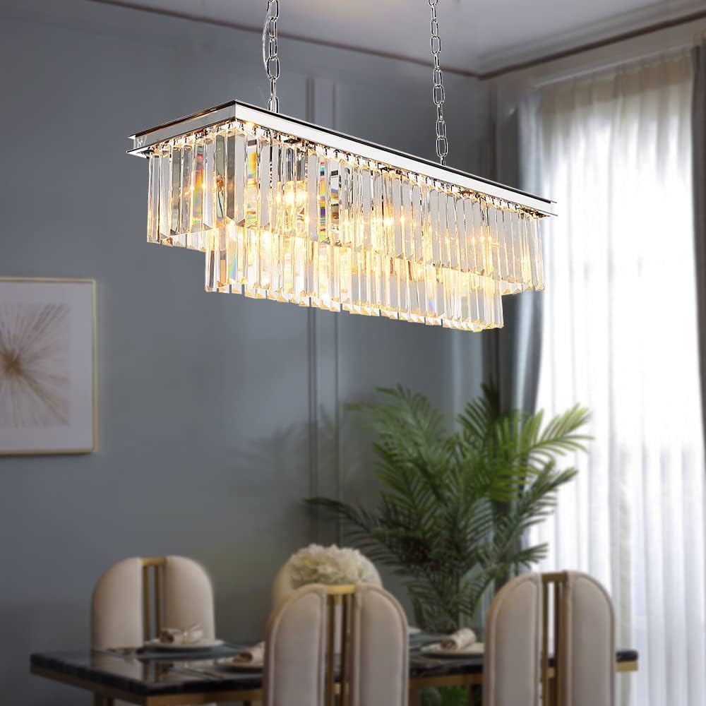 Luxury Chrome Rectangular Crystal Chandeliers Lighting Modern Pendant Ceiling Lights Rectangle Chandelier Lamp Fixture 8-Lights for Dining Room Kitchen Island