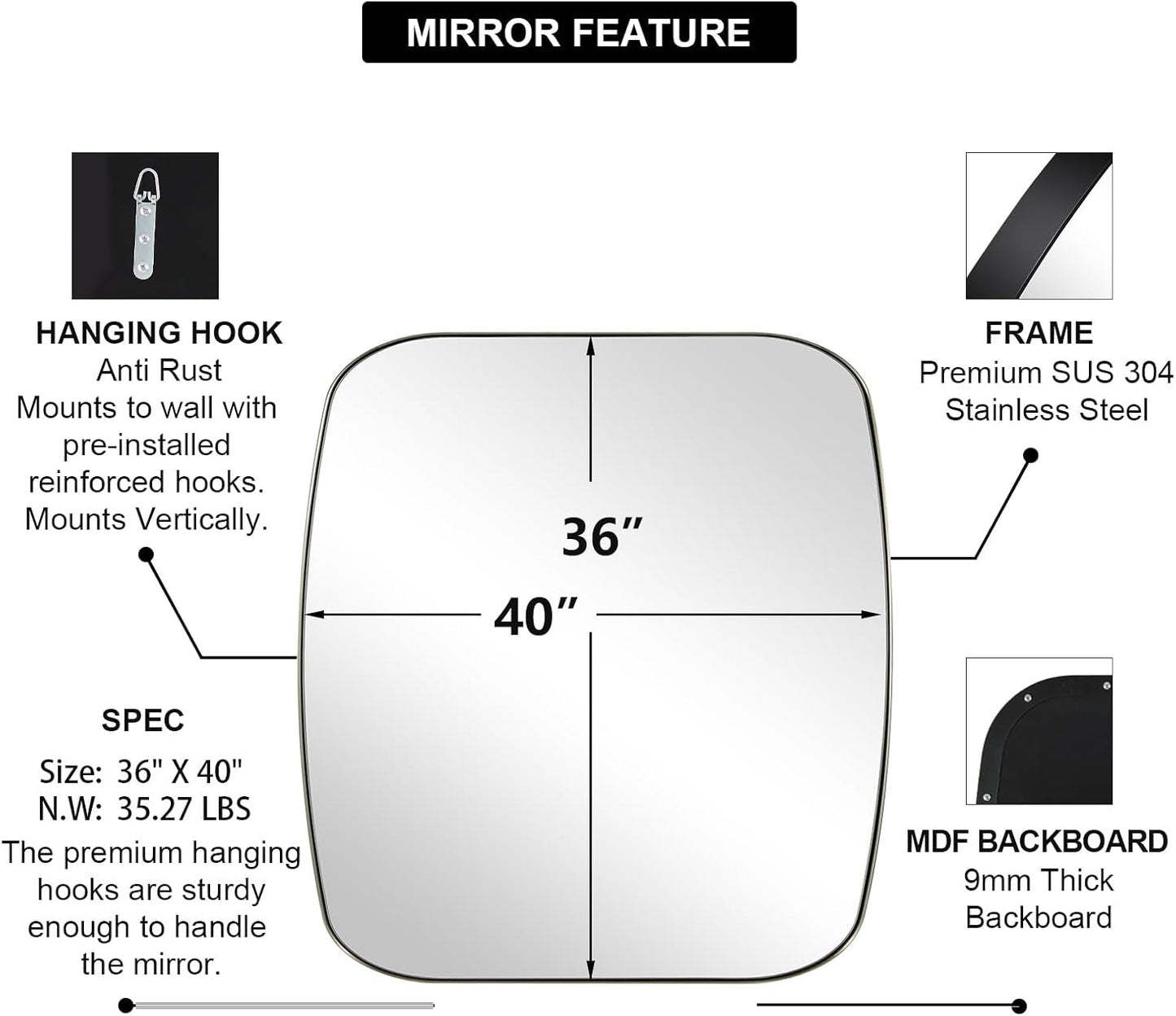 ANDY STAR Brushed Nickel Oblong Mirror, 36x40 Inch Brushed Nickel Oval Mirror for Bathroom with Stainless Steel Metal Frame, Wall Mouned for Bathroom, Living Room, Entryway