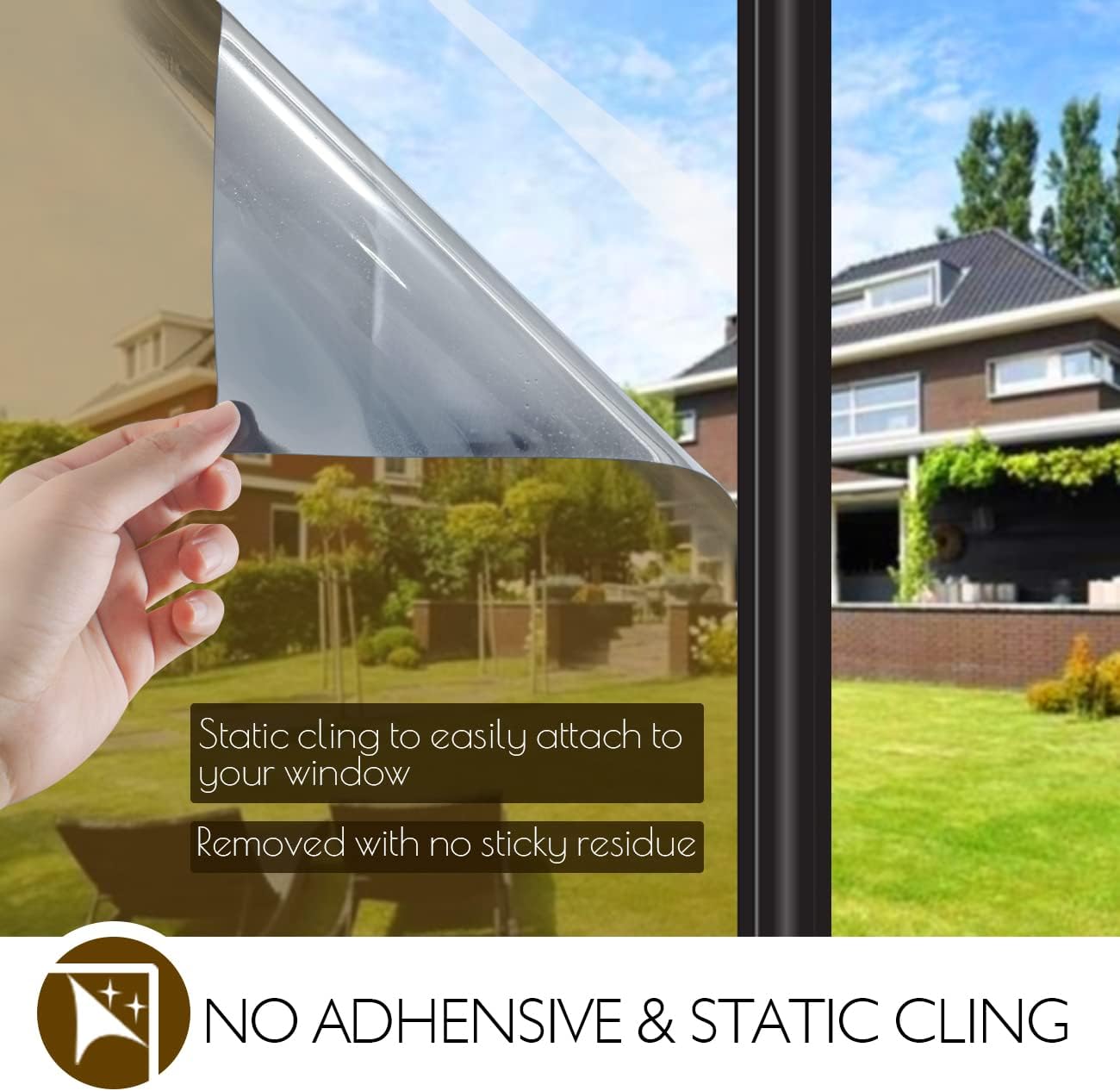 HIDBEA One Way Privacy Window Film, Daytime Mirror Reflective Heat Control UV Sun Blocking Non-Adhesive Static Cling Window Tint for Home and Office (Brown-Silver, 29.5 Inch x 6.5 Feet)