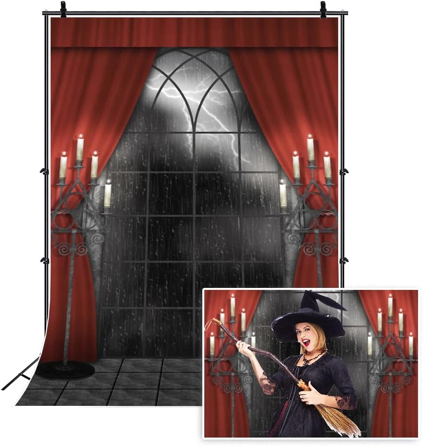 Renaiss 10x15ft Vintage Gothic Window Backdrop Red Curtain Candlestick Black Floor Lightning Stormy Sky Vampire Medieval Castle Photography Background Halloween Dress Up Party Decors Photo Booth Props
