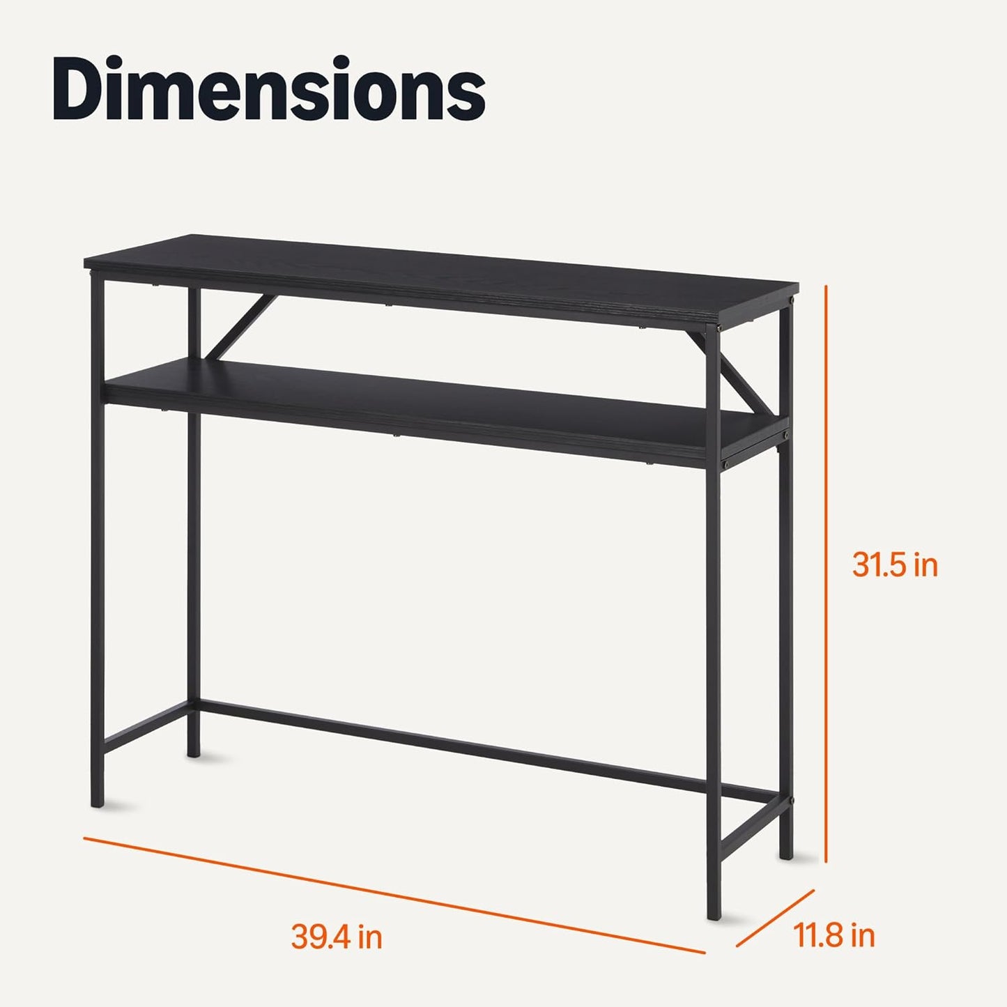Amazon Basics Rectangular Console Table with Storage Shelf, Steel Frame, 39x31x11.8 in, Black