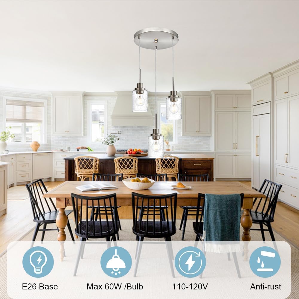 3-Light Contemporary Pendant Lighting with Clear Seeded Glass,Brushed Nickel Dining Room Chandelier Light Fixture Modern Kitchen Island Cluster Hanging Ceiling Pendant Lights for Sink Bar