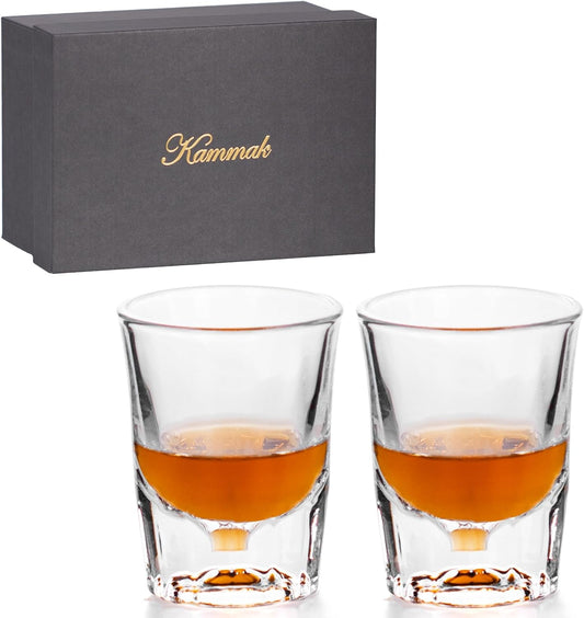 KAMMAK 2 Pack Shot Glasses Bulk 2.5oz Cool Shot Glasses with Heavy Base for Whiskey, Vodka in Bar And Party Gifts for Men, Whisky Lovers, Wedding, Anniversary, Birthday