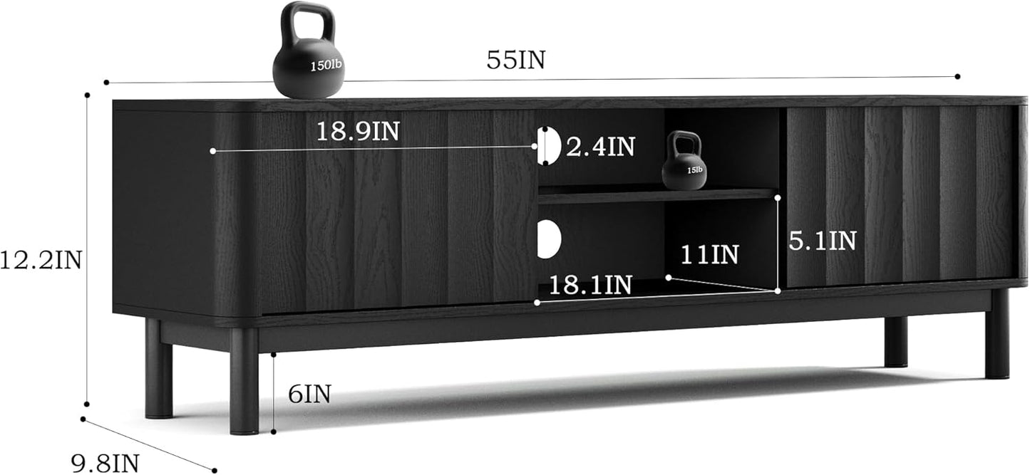 Black Mid Century Modern TV Stand, Wood Fluted Living Room TV Stands with Storage Sliding Doors, Desert-Inspired Design MCM Entertainment Center for 55 60 65 70 75 55+ 60+ 65+ 70+ Inch