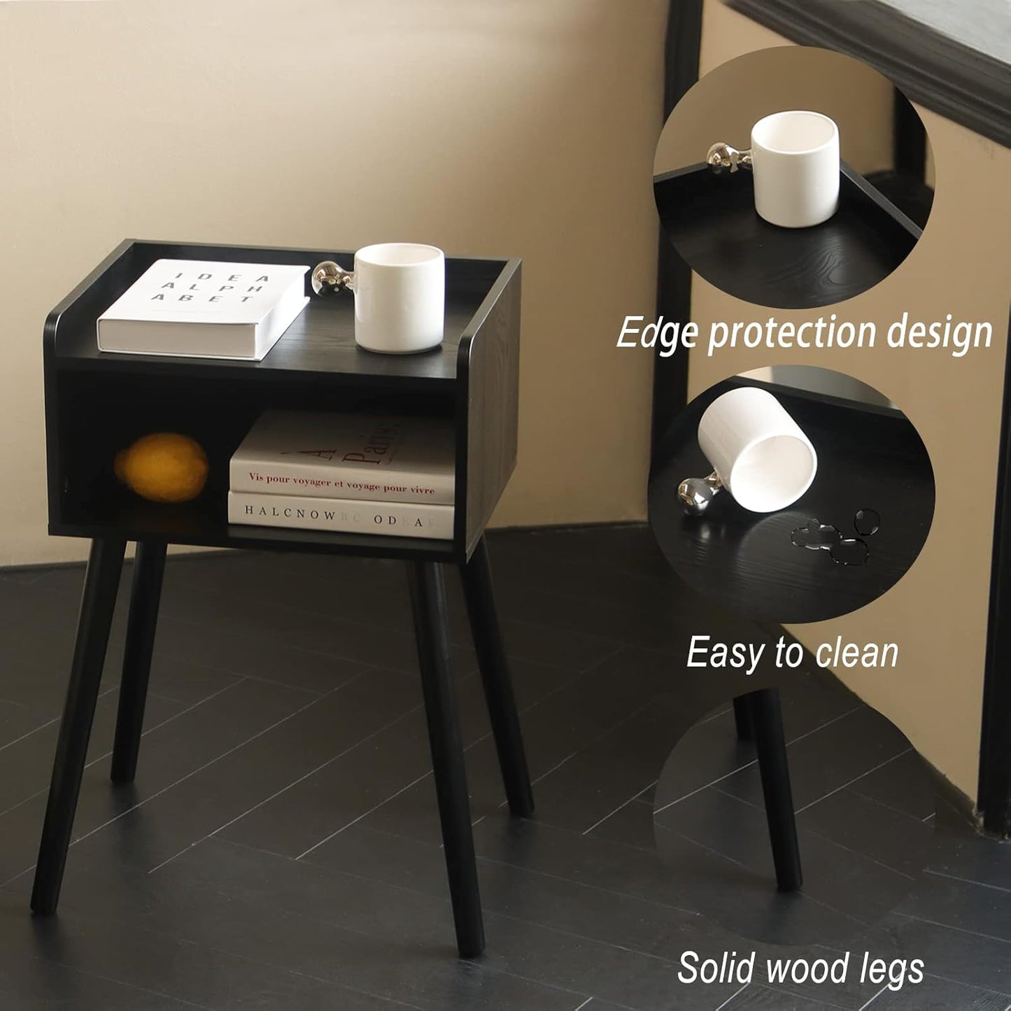 MaxSmeo Nightstand, Mid Century Modern Side Table Bedroom with Storage, Small End Bedside Table with Solid Wood Legs for Living Room, Office Small Spaces (Black)