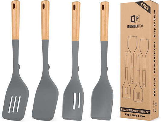 Pack of 4 Silicone Kitchen Utensils Set, Non Stick Solid Spatulas and Heat Resistant Slotted Spoons with Wooden Handle, Ideal BPA Free Cooking Utensils for Mixing,Serving,Turning,Stirring(GRAY)