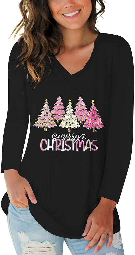 Tobrief Women's Long Sleeve V-Neck Shirts Fall Graphic Tees Loose Casual T-Shirt
