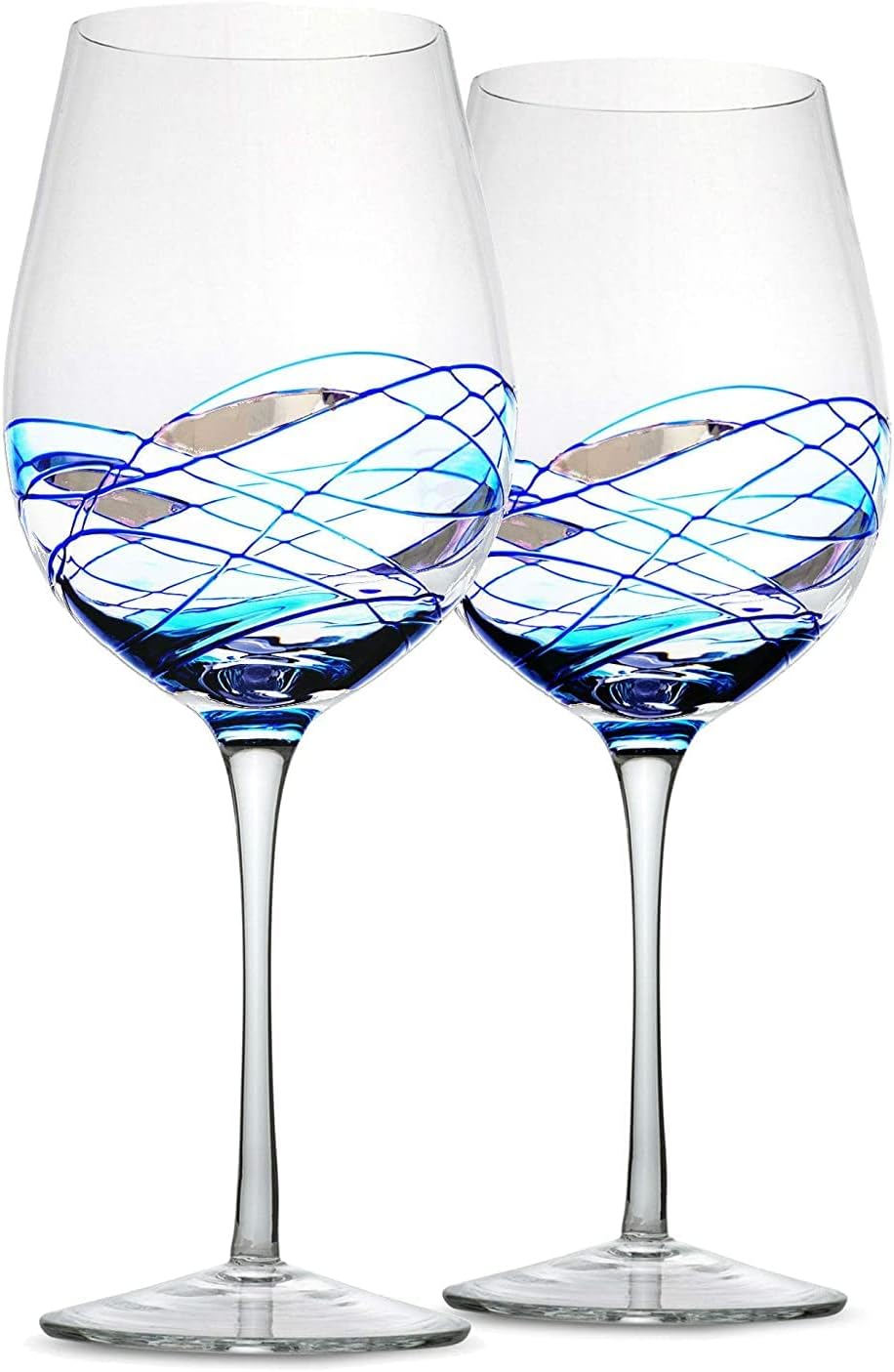 Bezrat Wine Glasses Hand Painted - Set of 2 - Women Wine Gift - Wine Lover Glass - Beautiful Glassware Gifts Ideas for Women Inspired by 'Duomo di Milano' Mothers Day - 12 oz (Blue)