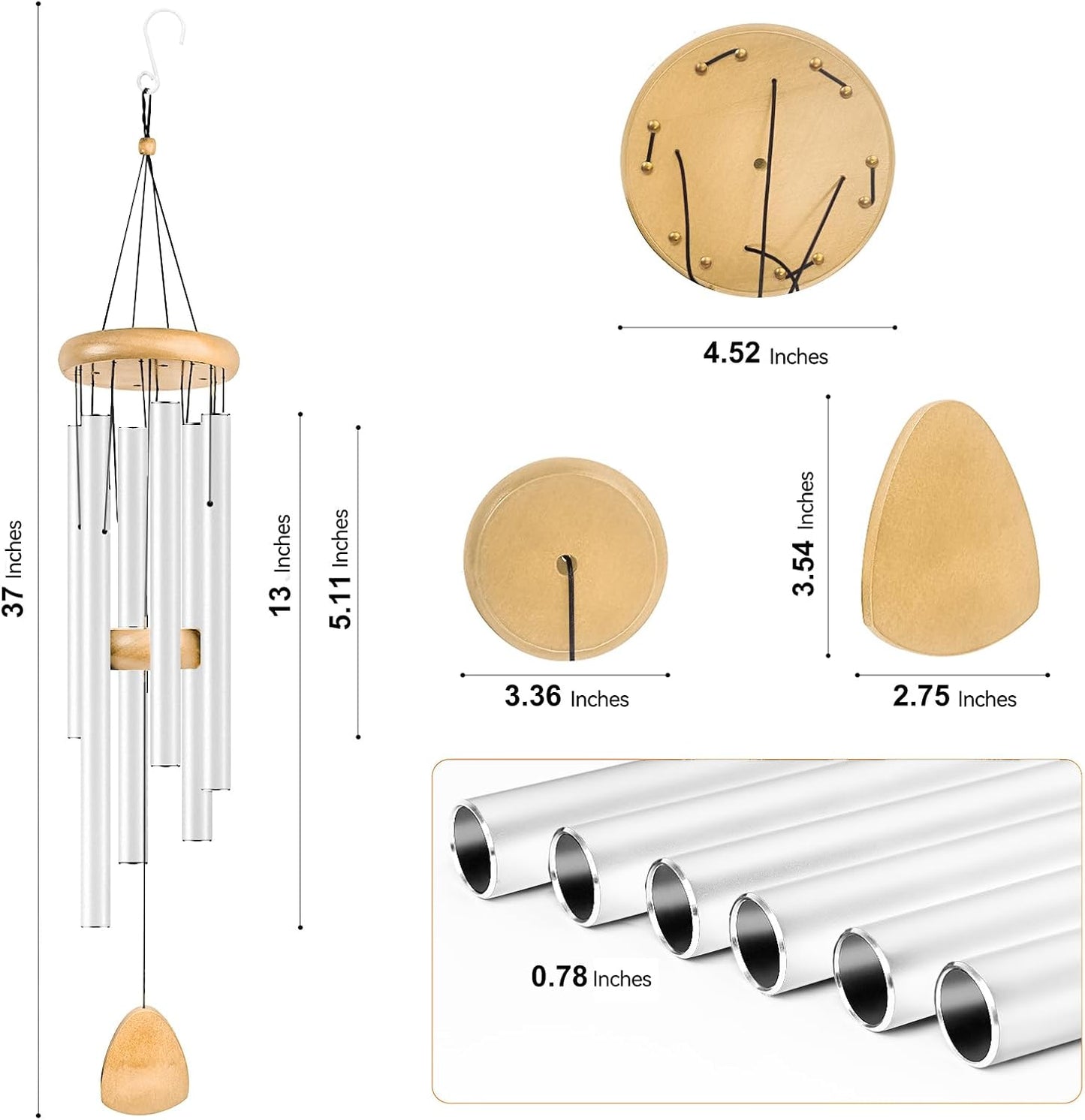 Large Aluminium Wind Chimes 37 Inches to Create a Zen Atmosphere Suitable for Outdoor, Garden, Patio Decoration. Classic Wind Chimes with Wind Catcher Suitable as A Gift for Unisex(White)