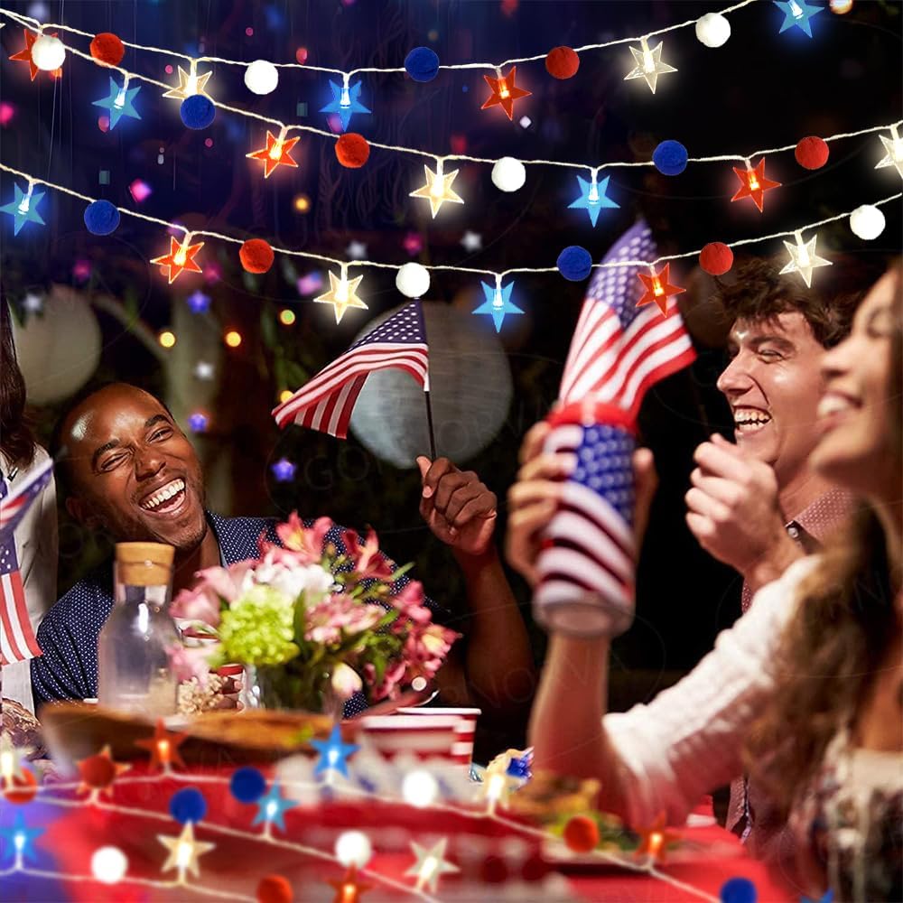 4th of July Decorations 9.85FT Red White and Blue Star String Lights Pom Pom Star Lights Battery Operated with Timer Fairy Lights for Independence Day Memorial Patriotic Fourth of July Decor for Home