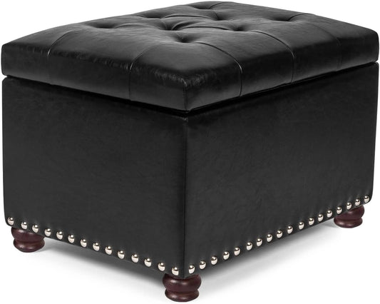 24'' Leather Storage Ottoman Rectangular Foot Rest Stool with Nailhead Trim Toy Chests & Storage Room Organizer for Bedroom Living Room(Black)