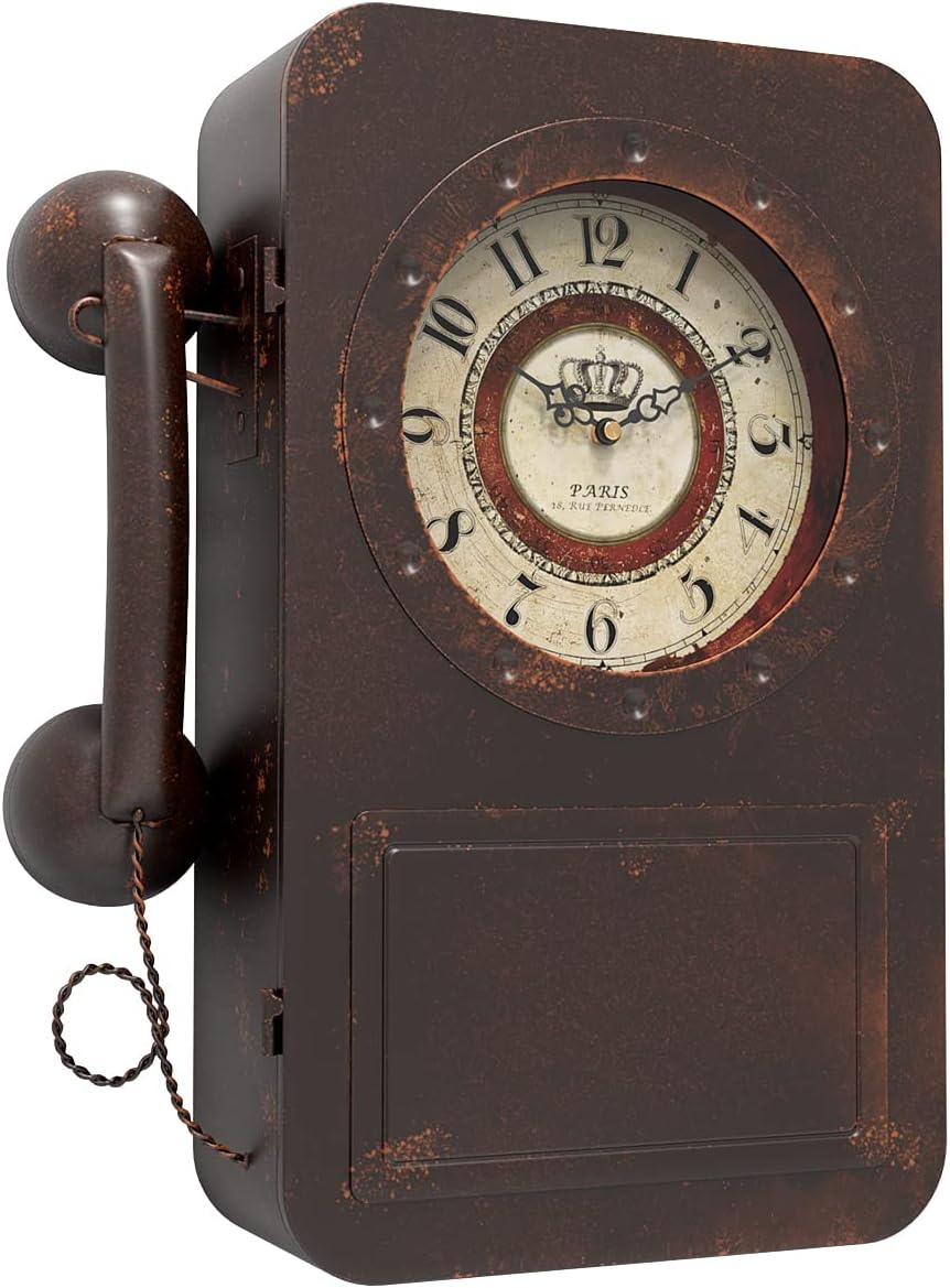 Abdurey Retro Old Telephone Wall Clock with Hidden Safe, Battery Operated Quartz Metal Wall Clocks, Large Rectangular Vintage Decor Clocks, for Farmhouse, Living Room(16" H x 12" W x 4" D)