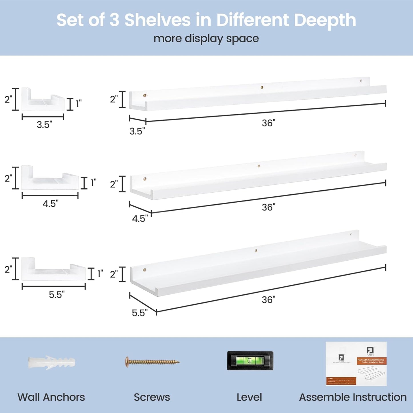 Picture Ledge Shelf for Wall, 36 inches Solid Pine Wood Nursery Book Shelves 3 Packs, Floating Ledge Shelves for Kids' Room Bedroom Bathroom Living Room Photo Frames Office Nursey Wall Decor, White