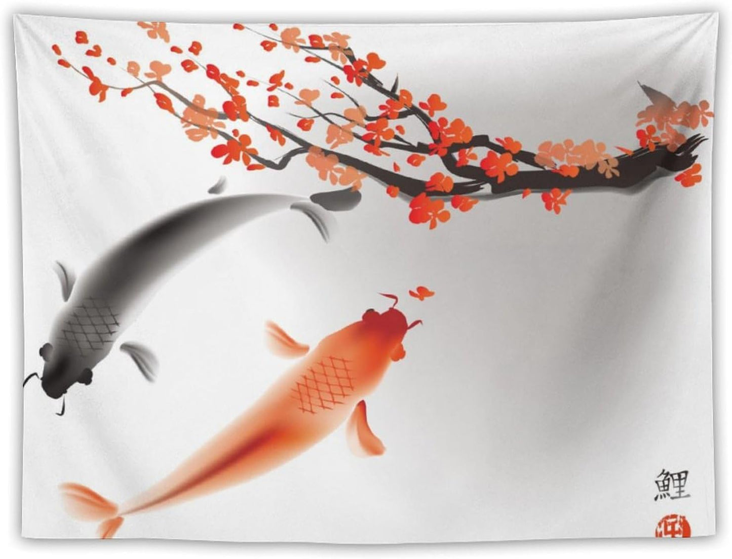 Japanese Koi Fish Tapestry, Cherry Blossoms Asian Oriental Flower Branch Koi Fish Carp Tapestries Wall Hanging for Bedroom Living Room Office Decor 40"x30"
