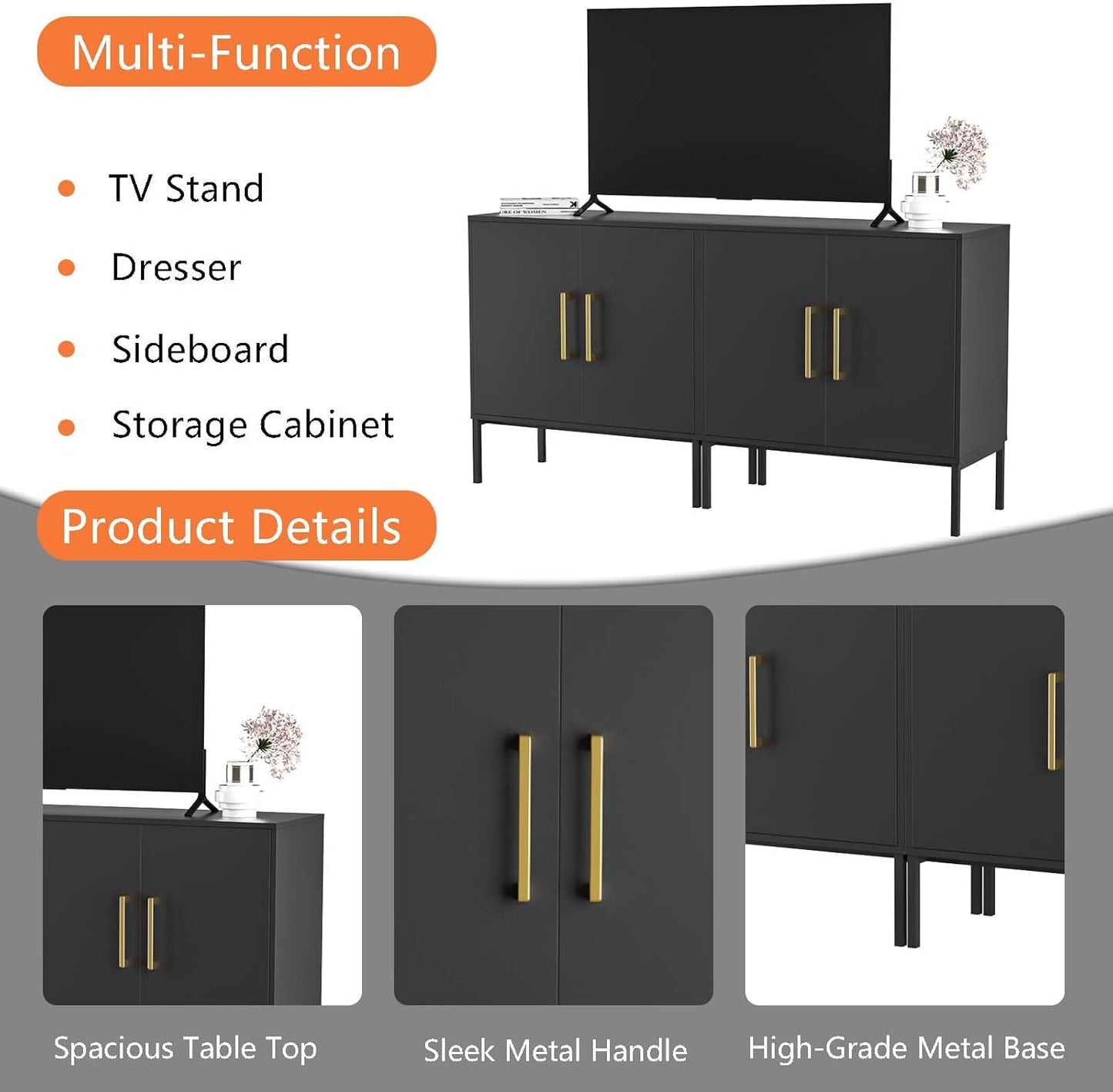 LYNSOM TV Stand for 55 Inch TV, Media Console Table with 2 Cabinets, Storage for Bedroom, Living Room, Entertainment Room (Black)