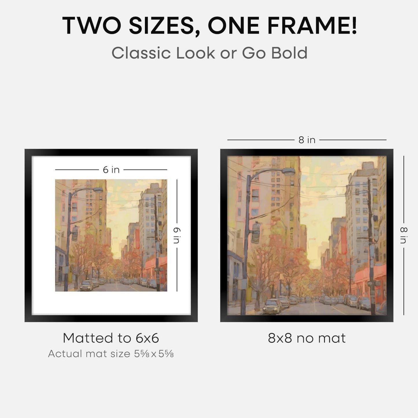 Homeforia 8x8 Black Picture Frame, High End Metal 8 x 8 Square Photo Frames with Mat 6 by 6, 8x8 Poster Frame Matted to 6x6 inch Print, 8by8 Wall or Tabletop Frames, Tempered Glass, Wall Kit, Set of 1