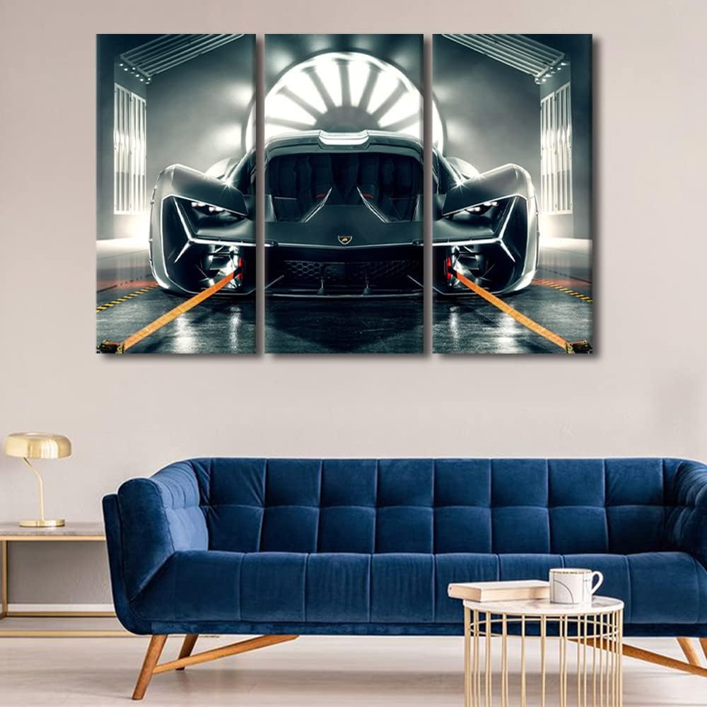 TUMOVO Sports Car Canvas Prints Hypercar Concept Cars Wall Art Paintings Cool Design Car Posters Stretched Pictures for Living Room 3 Panels Modern Home Decor Framed Wall Art Decorations, 42" Wx28 H