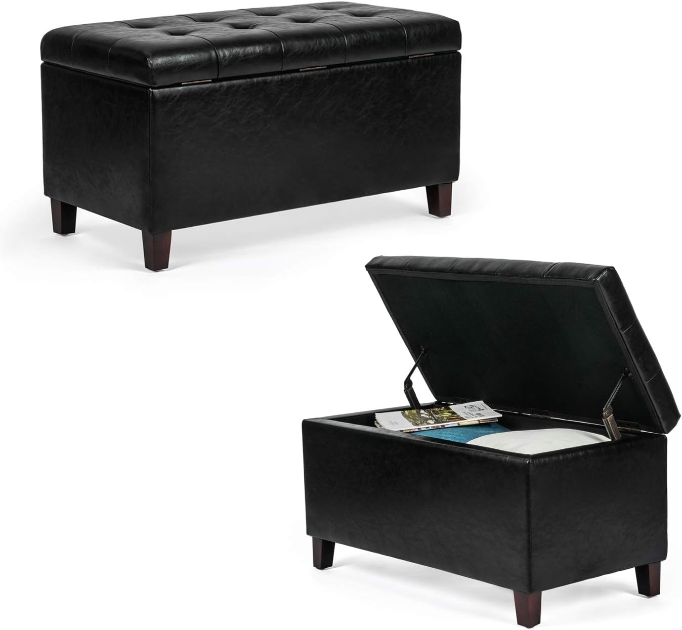 Asense Storage Ottoman Bench, Faux Leather Upholstered End of Bed Bench with Safety Hinge Wooden Legs, for Entryway Bedroom (Black, 33.3")