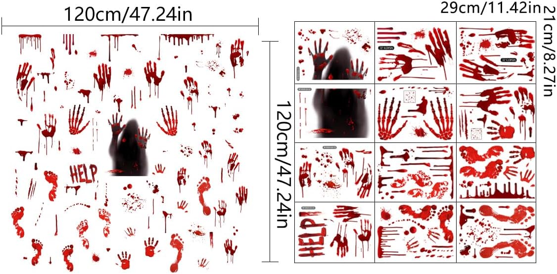 Halloween Bloody Handprint Footprint Window Stickers Wall Stickers for Halloween Party Decorations Inside Outside Decor Come with Plastic Scraper Tools