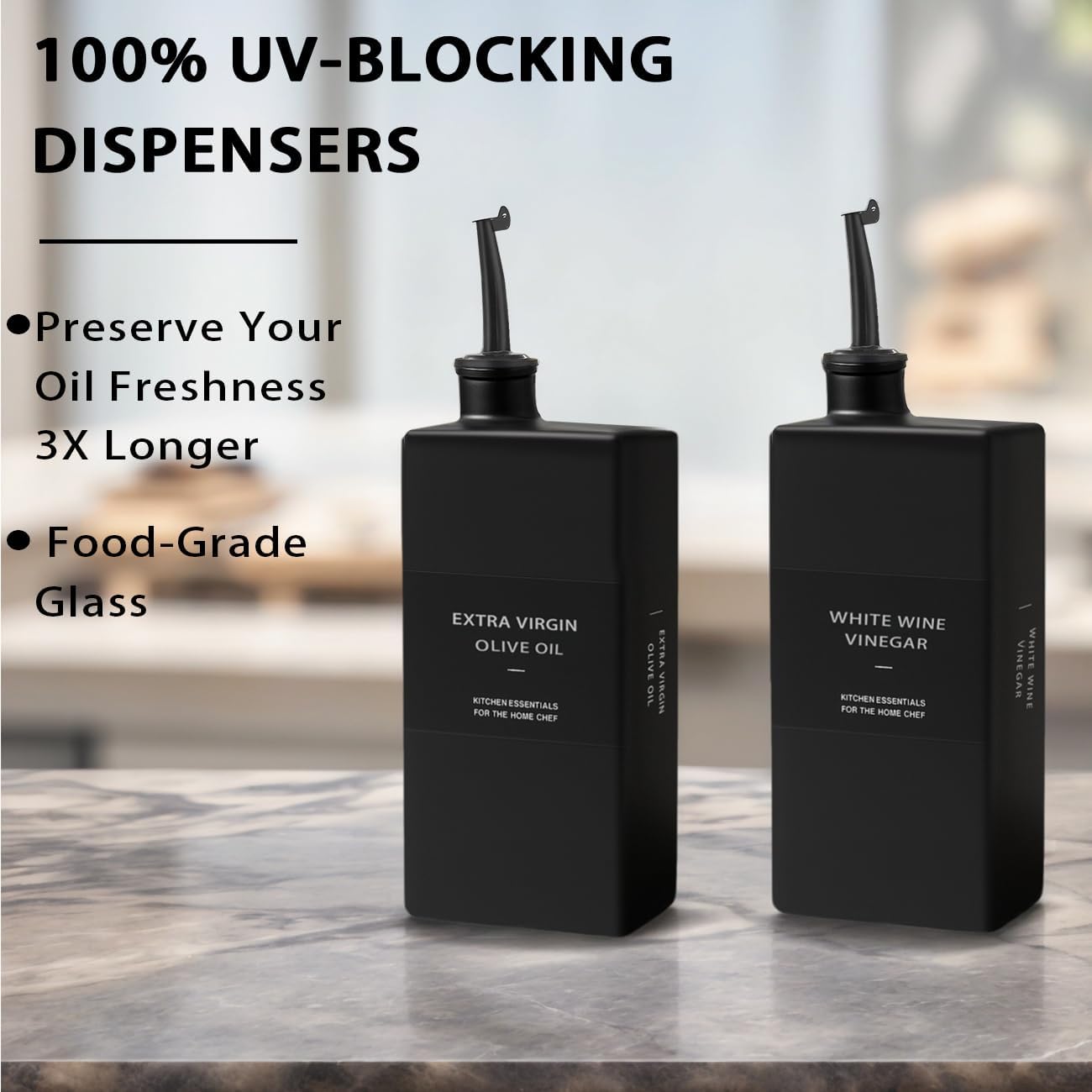 Olive Oil Dispenser Bottle for Kitchen 16.9oz, Glass Oil Bottles and Vinegar Dispenser Set, Decorative Avocado Oil Dispenser Set (Black, Set of 2)