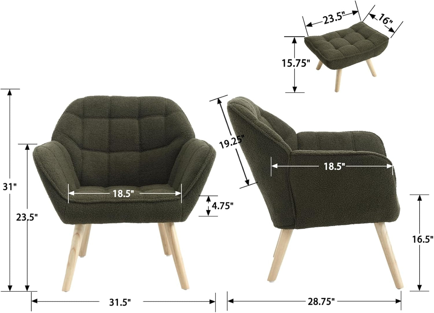 Modern Sherpa Accent Chair with Ottoman Set of 2, Fluffy Upholstered Lounge Chair with Footrest, Comfy Living Room Side Boucle Armchair for Small Space Bedroom, Green