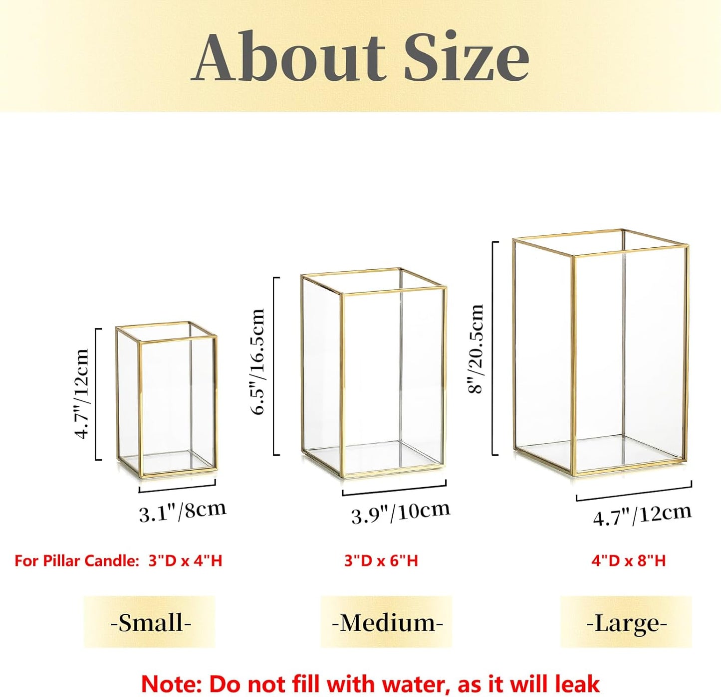 Glass Hurricane Candle Holder Large - Hewory 3pcs Gold Rectangle Flower Holders Centerpiece for Table, Tall Floor Square Pillar Candle Lantern for Wedding, Anniversary, Party, Fireplace, Dining Room