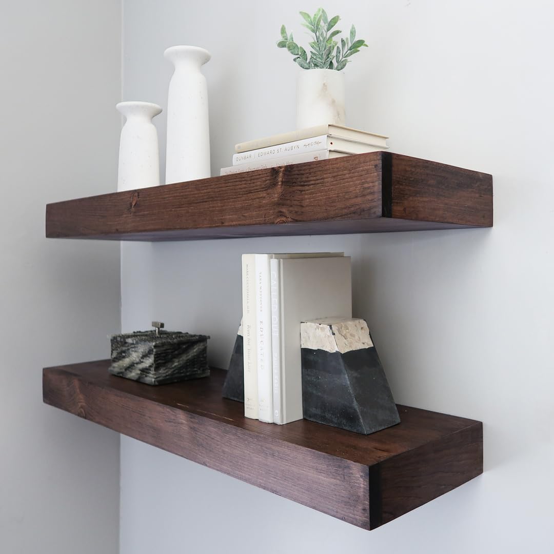 Modern Floating Shelves 3 Inches Thick for Wall, Wide Shelves for Kitchen, Living Room, Bedroom, and Bathroom, Natural Pine Wood, Rustic Wooden Shelf, (Set of 2) (Provincial, 36Lx3Hx8D)