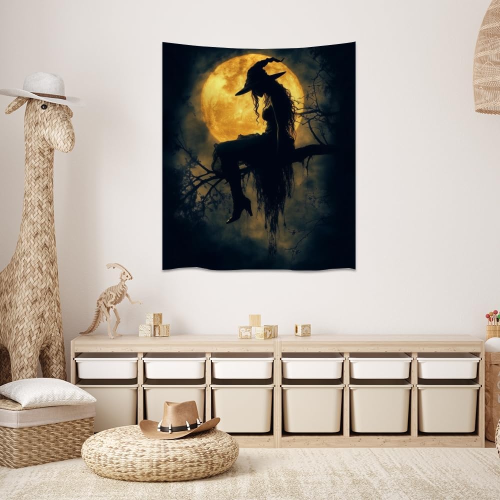 Halloween Witch Tapestry Wall Art Witchcore Moon Aesthetic Print Dark Academia Gothic Tapestries Wall Hanging Horror Ghost Halloween Party Decor for Home Living Room Bedroom 60x80inch