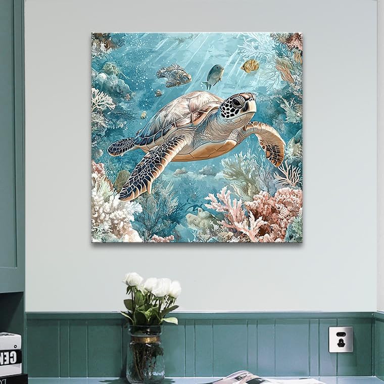 Sea Turtle Bathroom Wall Decor Ocean Theme Framed Canvas Wall Art Coastal Nautical Prints Picture Watercolor Coral Marine Life Painting for Kid Bedroom Living Room Home Decoration 14x14”