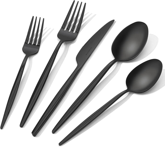KINGSTONE Silverware Set, 20-Piece Flatware Set Cutlery Set Premium 18/10 Stainless Steel, Tableware Include Forks Knives Spoons for Home Kitchen Restaurant Wedding, Dishwasher Safe,Black
