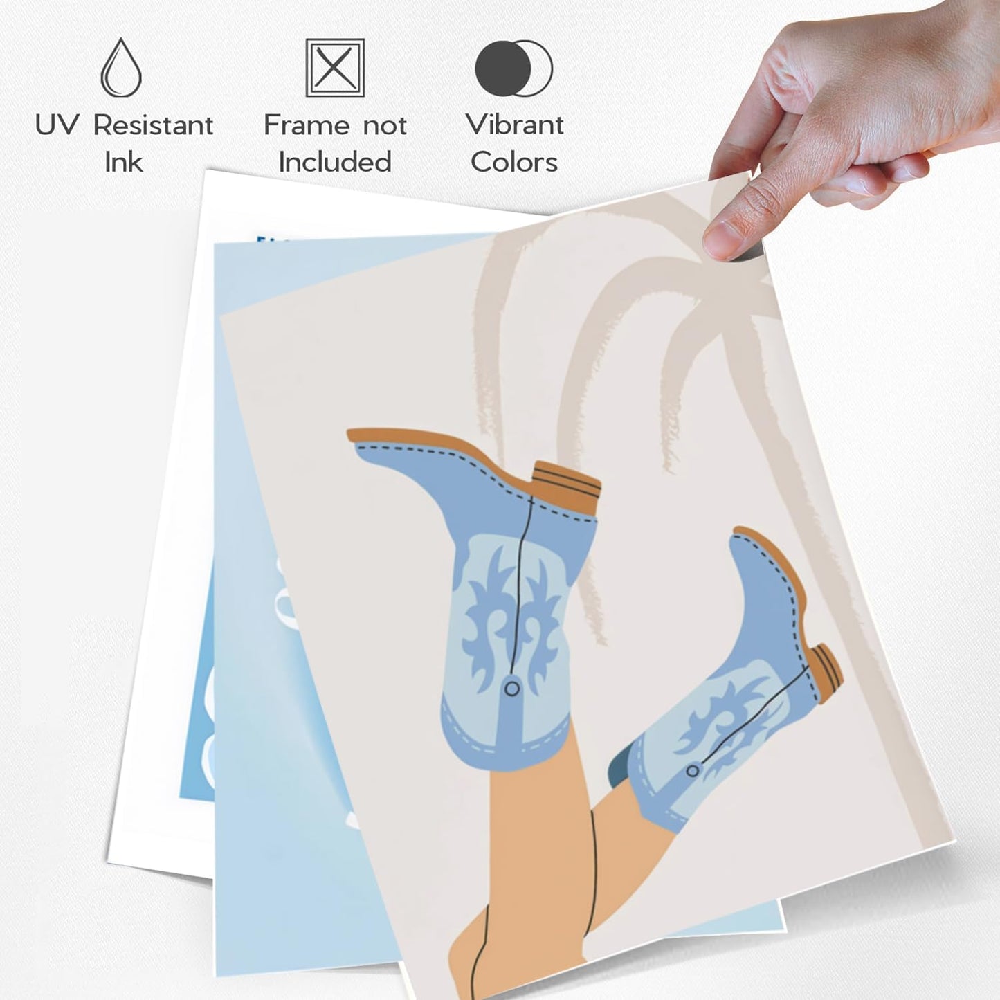 Blue Preppy Canvas Wall Art Posters Set of 3 Trendy Cowgirl Boots Home Decor Flower Market Painting Prints Coastal Aesthetic Picture for Girls Bedroom Bathroom Living Room Dorm 16x24Inch Unframed