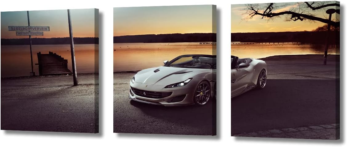 TUMOVO White Sports Car Canvas Wall Art for Living Room Hypercar by the Lake Modern Abstract Painting 3 Pieces Supercar Picture for Bedroom Office Home Wall Decorations Frame Wall Decor, 36" Wx16 H