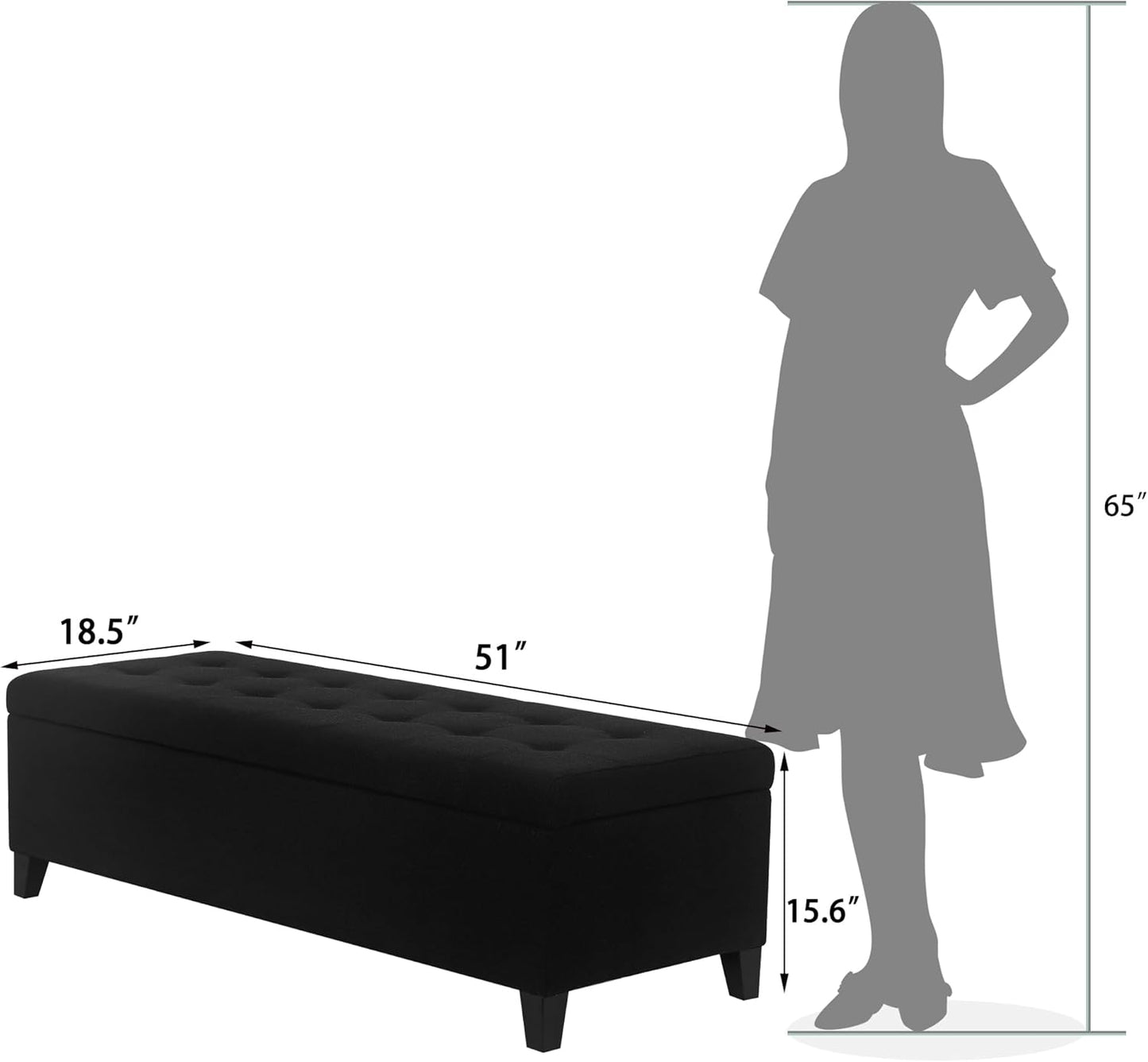 Joveco Storage Ottoman Bench, 51" Rectangle Long Bench, for Bedroom, End Foot of Bed, Living Room, Entryway, Line Black