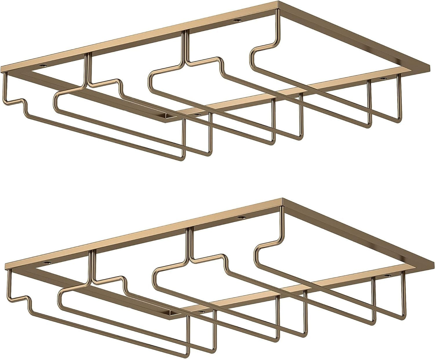 Wine Glass Rack - Under Cabinet Stemware Wine Glass Holder Glasses Storage Hanger 2 Pack Metal Organizer for Bar Kitchen Gold