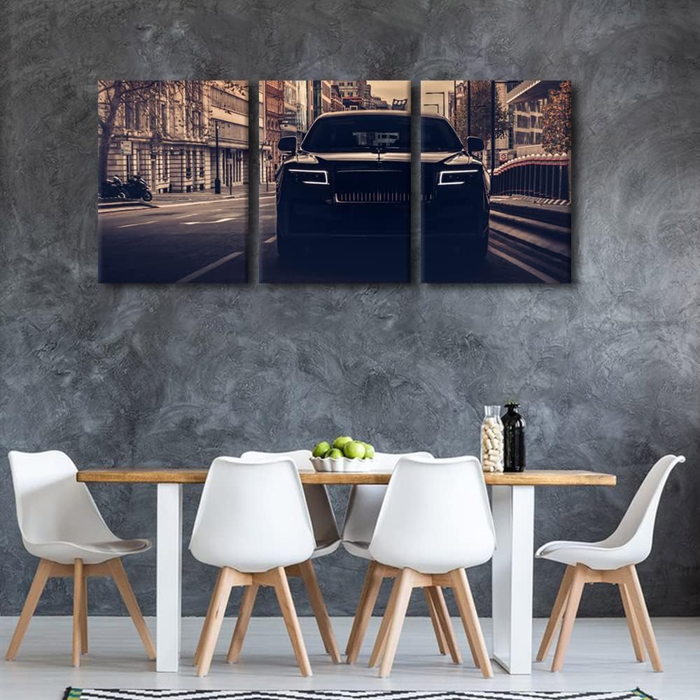 TUMOVO Canvas Prints Vintage Wall Art Modern Home Decor Black Sports Car Poster Living Room Men Boys Bedroom Decoration 3 Pieces Famous Car Retro Artwork Painting Framed Ready to Hang, 36" Wx16 H