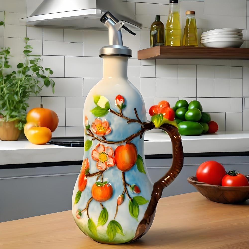 18.26oz/540ml Ceramics Olive Oil Dispenser Bottle,Hand Painted Reliefs Oil Dispenser for Kitchen,Oil Bottles for Kitchen (Persimmon)