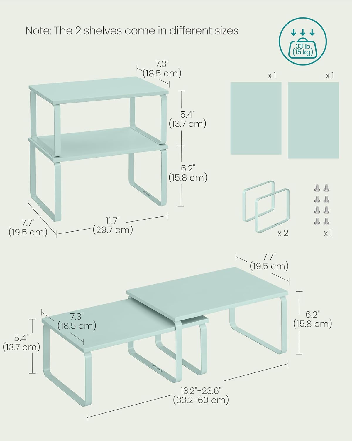 SONGMICS Cabinet Organizer Shelf, Set of 2 Kitchen Counter Shelves, Kitchen Storage, Spice Rack, Stackable, Expandable, Metal and Engineered Wood, Moonlight Green UKCS002C01