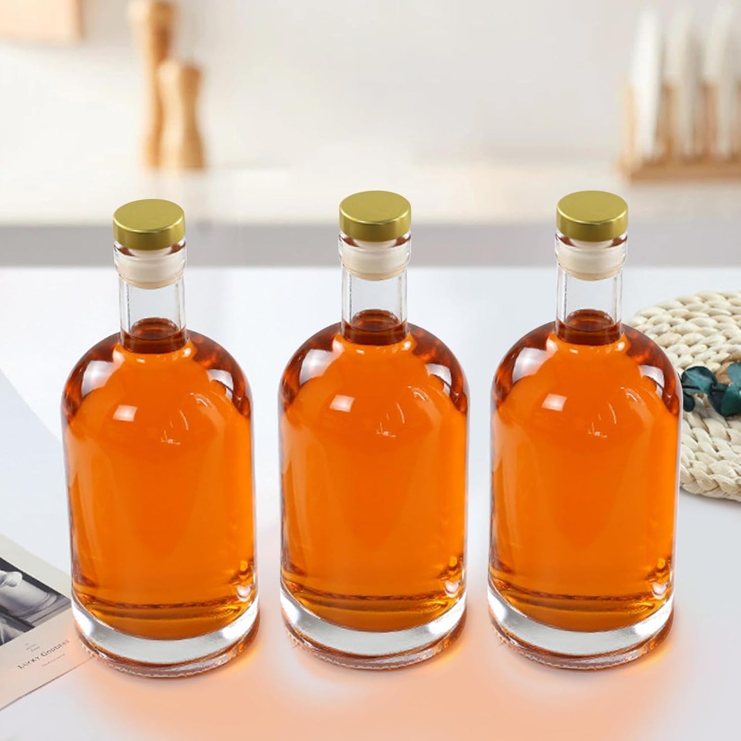 Olive Oil Dispenser Bottle for Kitchen, Clear Glass Oil and Vinegar Dispenser Set, Coffee Syrup Dispenser, Container With Metal Pour Spout, Airtight Lid, Funnel, Waterproof Labels (375ml-2 Pack)