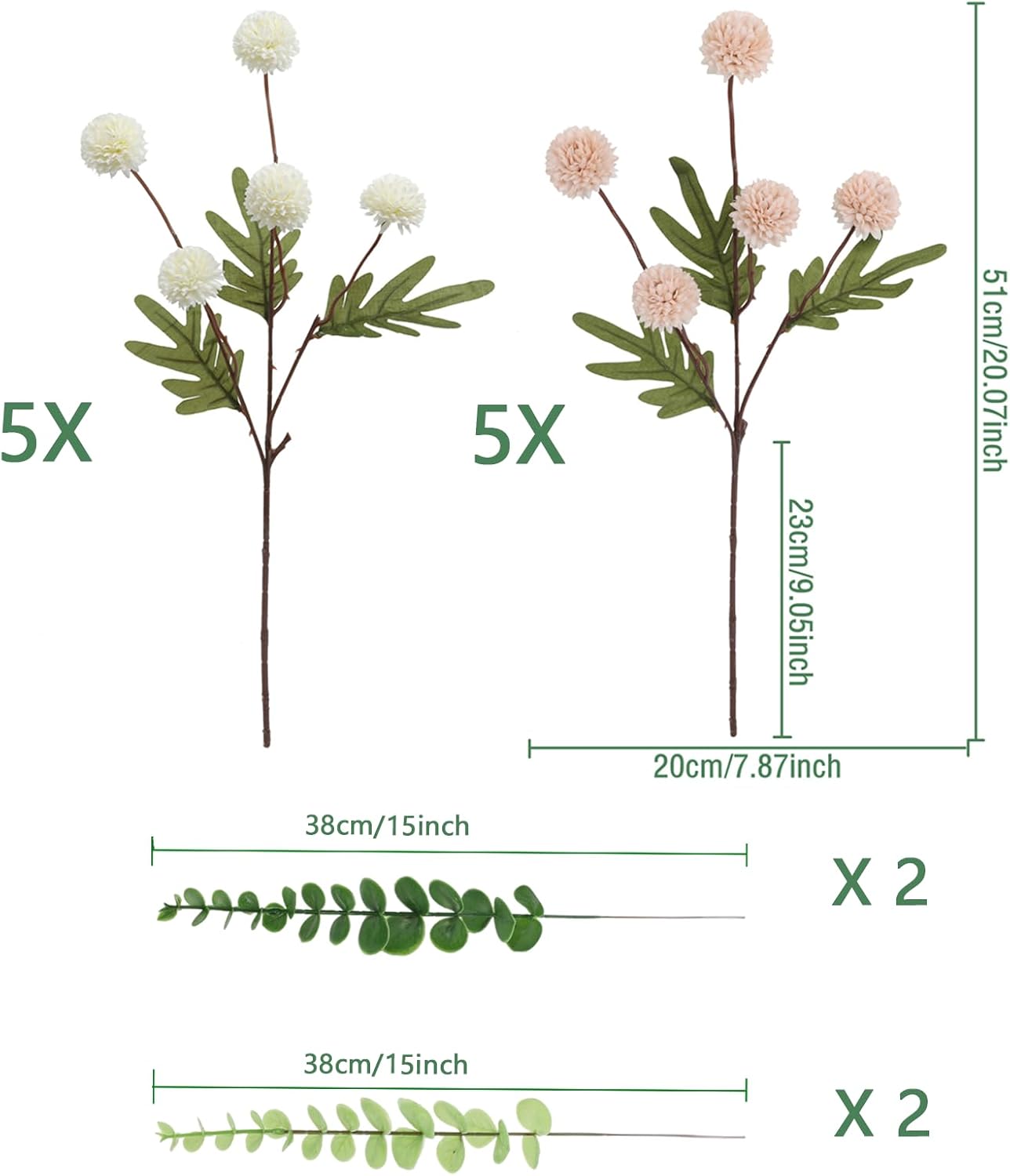 Faux White & Pink Kiku Flower, 10 Stems with 5 Heads Each & 4 Branches Eucalyptus Stems, Artificial Small Mini Chrysanthemum Flowers for Aesthetic Room Decor, Floral Arrangements Centerpiece