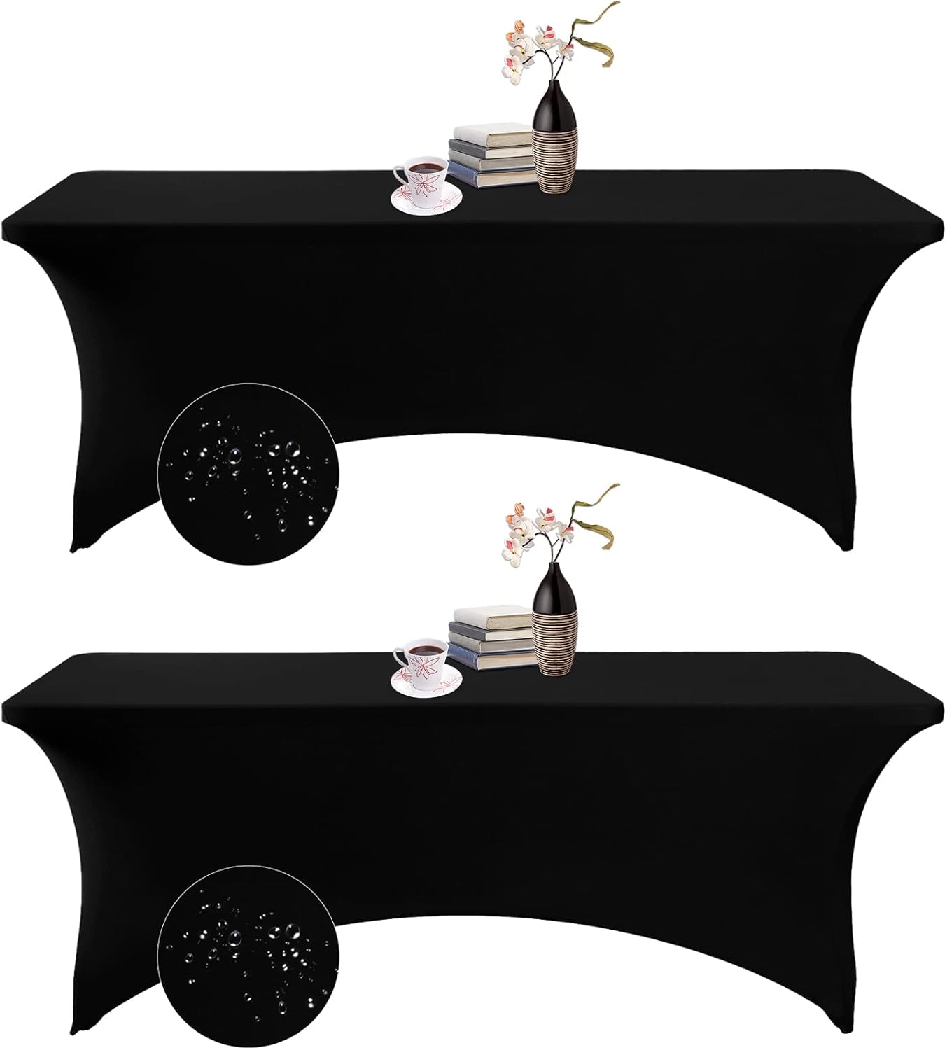 2Pack Spandex Waterproof Table Covers 8ft，Spandex 8ft Waterproof Table Cover for Party,Wedding, Banquet, and Events(Black)