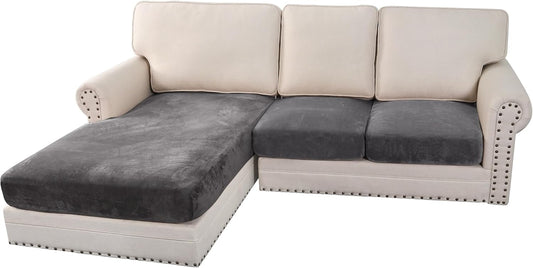 H.VERSAILTEX Velvet Stretch Sectional Couch Covers 3 Pieces Sofa Seat Cushion Covers L Shape Separate Cushion Couch Cover for Both Left/Right Sectional Couch (Large Sofa 2 Seater + 1 Chaise, Grey)