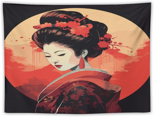 Japanese Woman Geisha Tapestry Asian Cherry Blossom Red Sun Traditional Kimono Folk Tapestries Home Decor for Living Room Bedroom Apartment Farmhouse Dorm 40"x30"