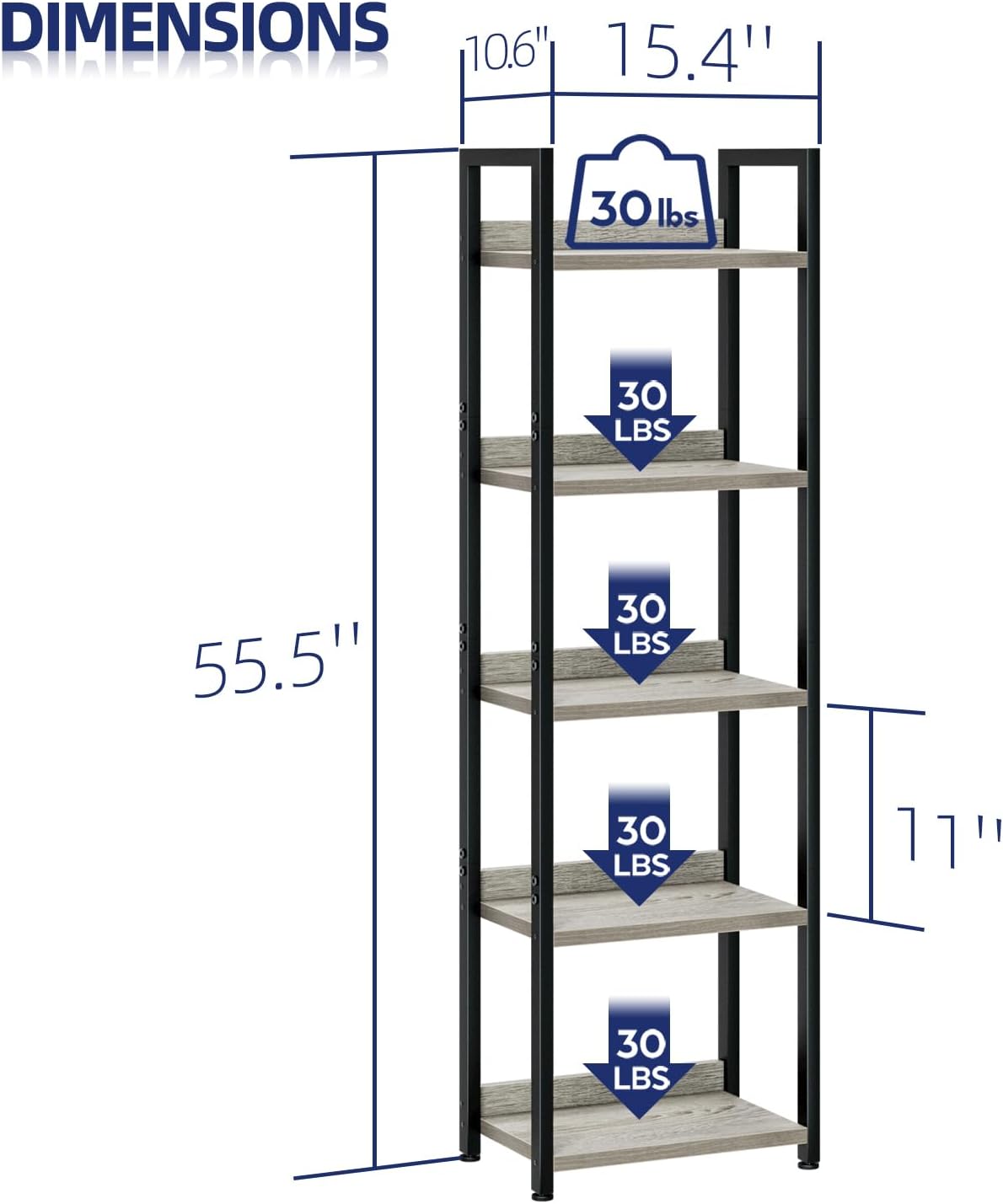 NUMENN Narrow Bookshelf, 5 Tier Bookshelves, Home Office Bookcase Shelf Storage Organizer, Free Standing Storage Shelving Unit for Bedroom, Living Room and Home Office, Grey