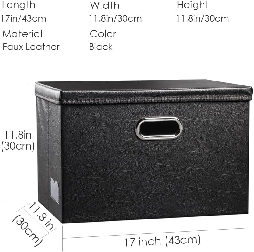 PRANDOM Large Collapsible Storage Bin with Lid [1-Pack] Leather Fabric Foldable Storage Box Organizer Containes Basket Cube with Cover for Home Bedroom Closet Office Nursery Black (17.7x11.8x11.8)