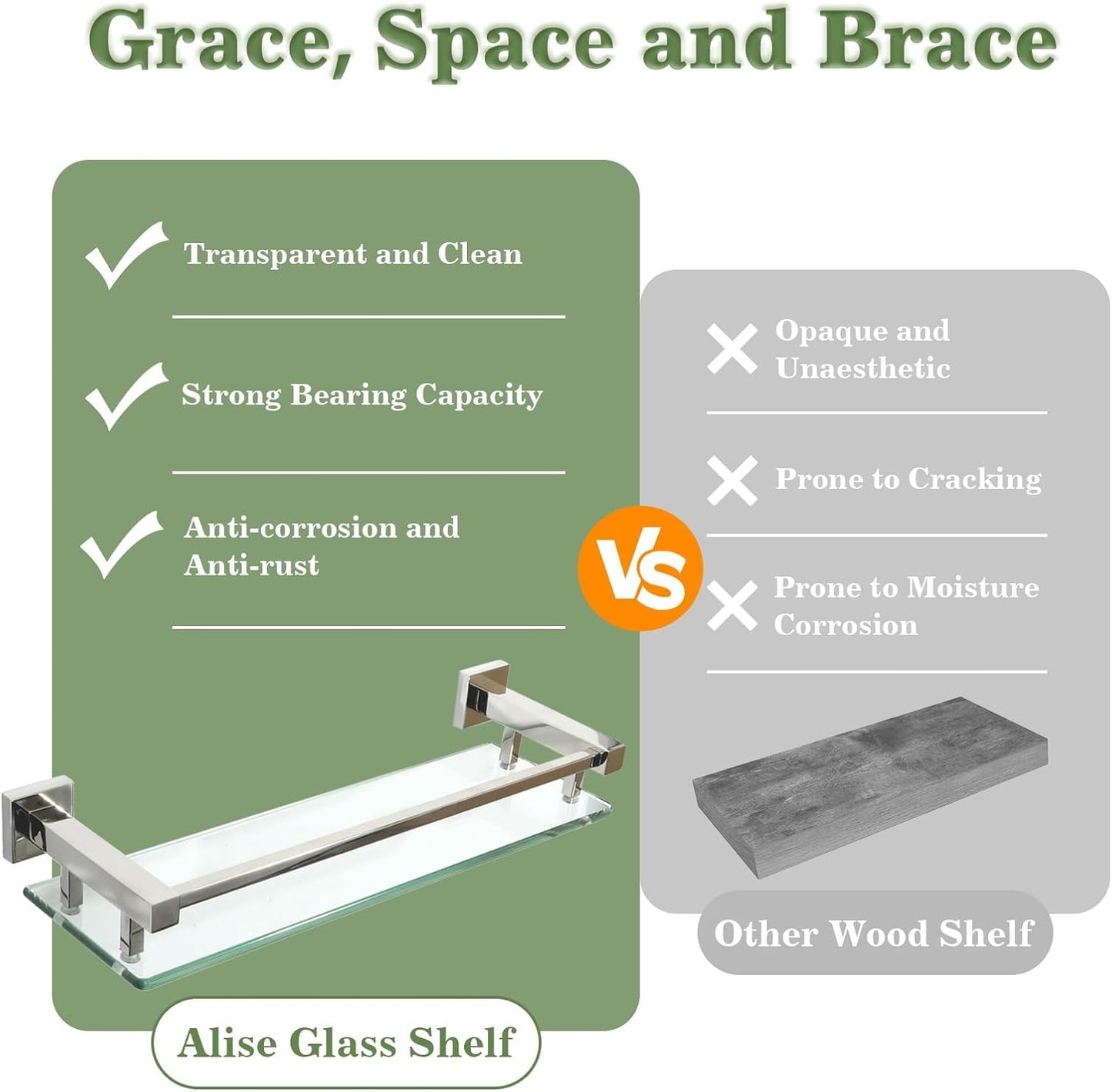 Alise Bathroom Glass Shelf with Stainless Steel Railing, Polished Chrome Small Tempered Glass Floating Wall Shelf Over The Toilet, 16 inch