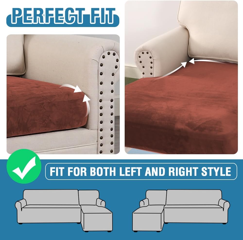 H.VERSAILTEX Velvet Stretch Sectional Couch Covers 4 Pieces Sofa Seat Cushion Covers L Shape Separate Cushion Couch Cover for Both Left/Right Sectional Couch (Large Sofa 3 Seater + 1 Chaise, Rust)