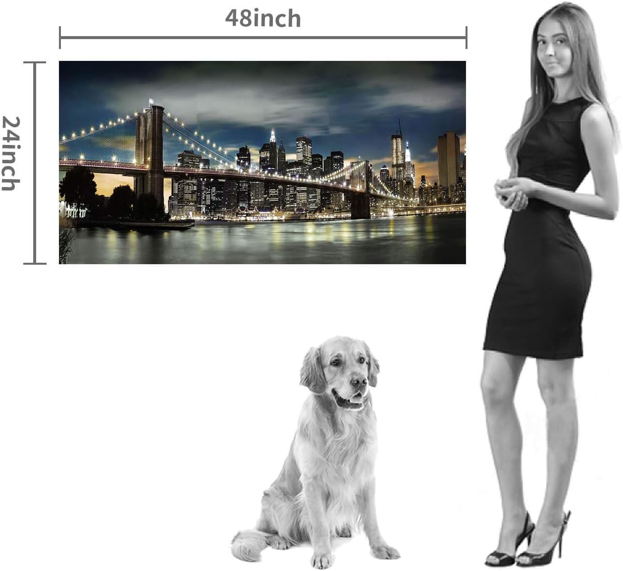 Brooklyn Bridge Canvas Wall Art: Skylines Lights & Reflections in New York Artwork for Decor