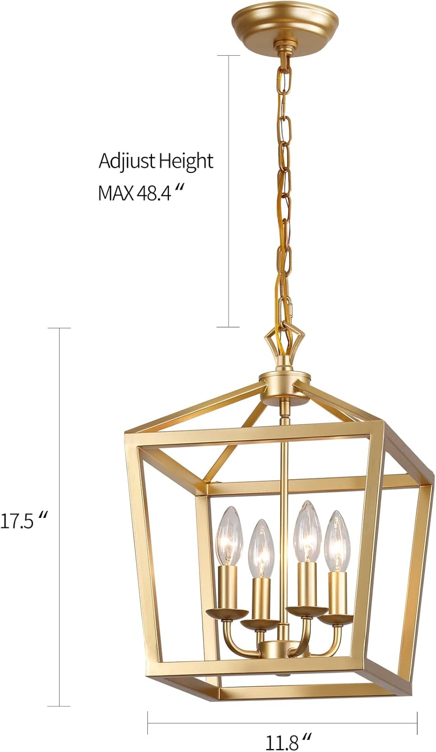 AMZASA Gold Lantern Chandelier Hanging Pendant Light Fixture 4-Lights for Kitchen Island Dining Room Hallway Entryway Foyer UL Listed