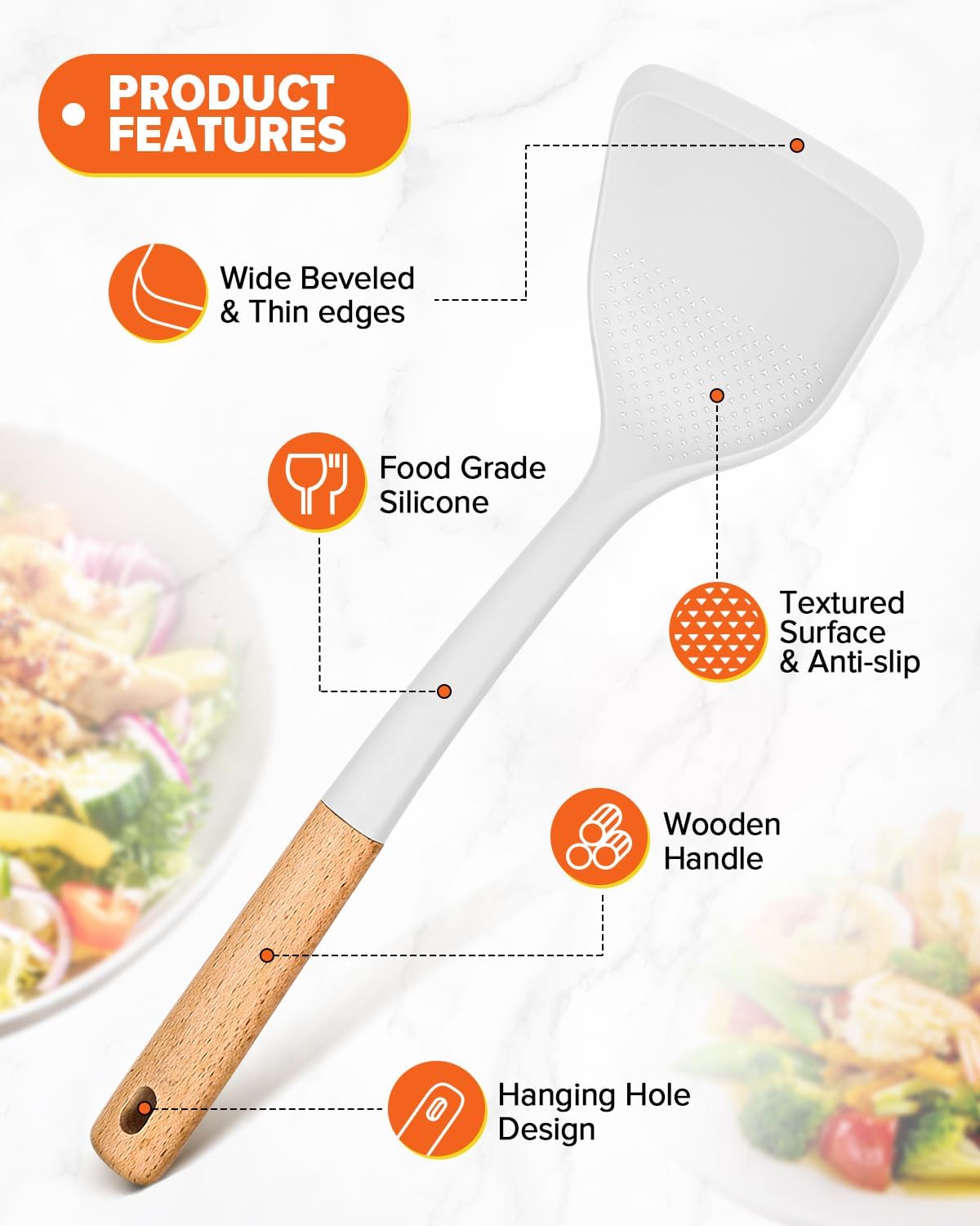 Silicone Cooking Utensils Set, Perfectly Angled for Frying, Mixing,Serving,Draining,Turning and Stirring, BPA-Free Matte Silicone, Wood Handles, Safe for Nonstick Cooking Surfaces,4 Pack (White)